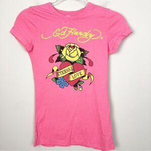 ED HARDY | Eternal Love Rose Graphic Pink Fitted Tee Women’s Size Medium Y2K